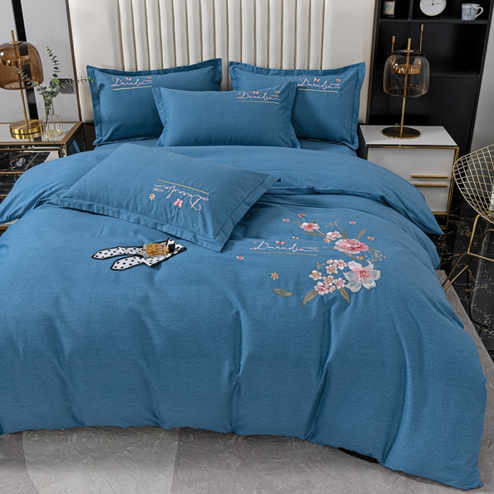 91家纺网 家纺一手货源 找家纺 优姿家纺 2022新款全棉磨毛绣花四件套 香水百合-清澈蓝