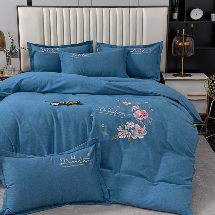 91家纺网 家纺一手货源 找家纺 优姿家纺 2022新款全棉磨毛绣花四件套 香水百合-清澈蓝