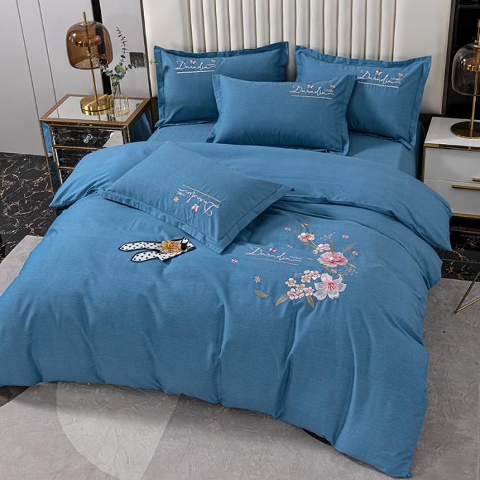 91家纺网 家纺一手货源 找家纺 优姿家纺 2022新款全棉磨毛绣花四件套 香水百合-清澈蓝