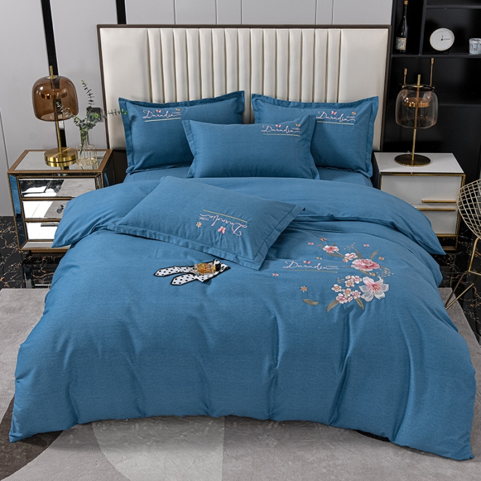 91家纺网 家纺一手货源 找家纺 优姿家纺 2022新款全棉磨毛绣花四件套 香水百合-清澈蓝