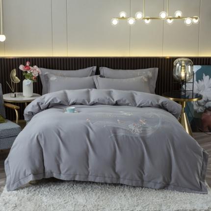 91家纺网 家纺一手货源 找家纺 优姿 2022新款100S长绒棉宽边绣花四件套似锦年华-灰色