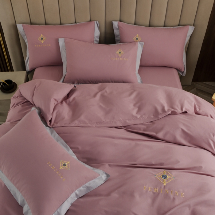 91家纺网 家纺一手货源 找家纺 优姿2022新款100S长绒棉宽边绣花四件套 爱之永恒-豆沙