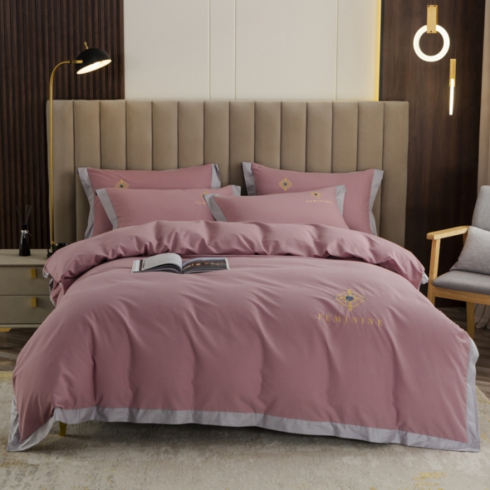 91家纺网 家纺一手货源 找家纺 优姿2022新款100S长绒棉宽边绣花四件套 爱之永恒-豆沙