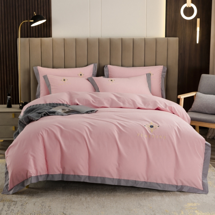 91家纺网 家纺一手货源 找家纺 优姿2022新款100S长绒棉宽边绣花四件套 爱之永恒-粉色
