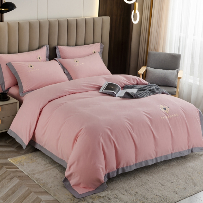 91家纺网 家纺一手货源 找家纺 优姿2022新款100S长绒棉宽边绣花四件套 爱之永恒-粉色