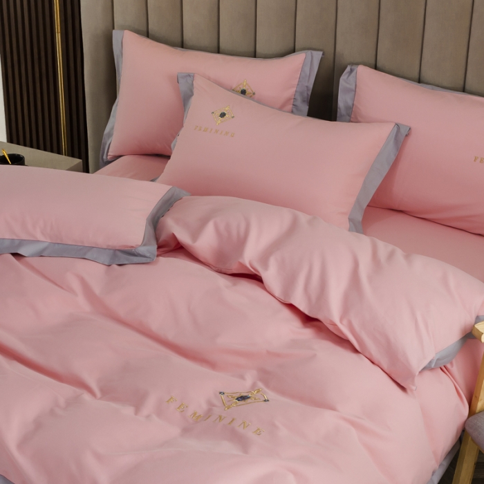 91家纺网 家纺一手货源 找家纺 优姿2022新款100S长绒棉宽边绣花四件套 爱之永恒-粉色