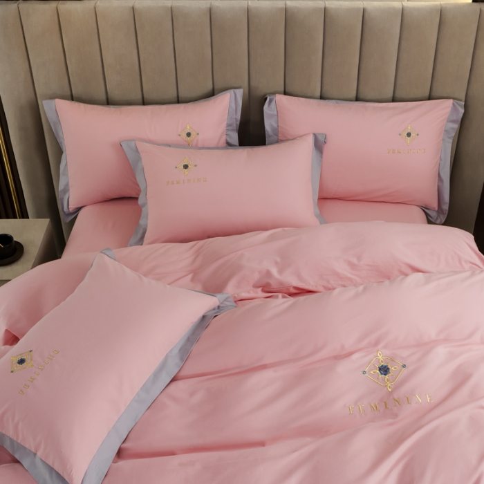91家纺网 家纺一手货源 找家纺 优姿2022新款100S长绒棉宽边绣花四件套 爱之永恒-粉色