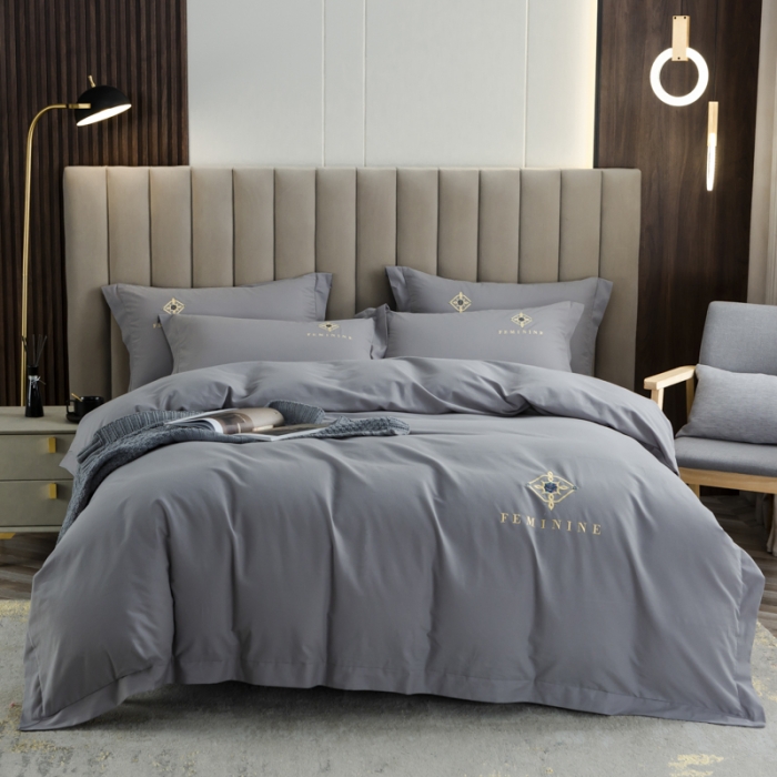 91家纺网 家纺一手货源 找家纺 优姿 2022新款100S长绒棉宽边绣花四件套爱之永恒-灰色