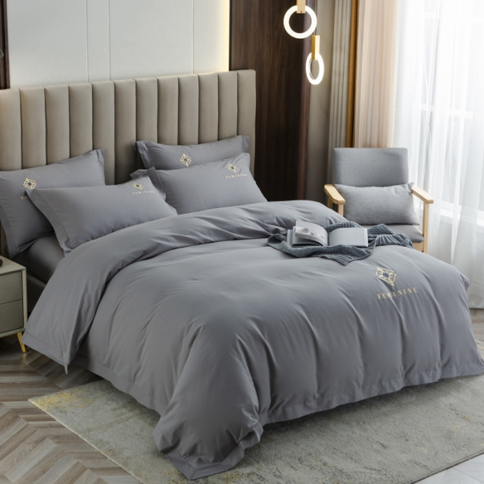 91家纺网 家纺一手货源 找家纺 优姿 2022新款100S长绒棉宽边绣花四件套爱之永恒-灰色