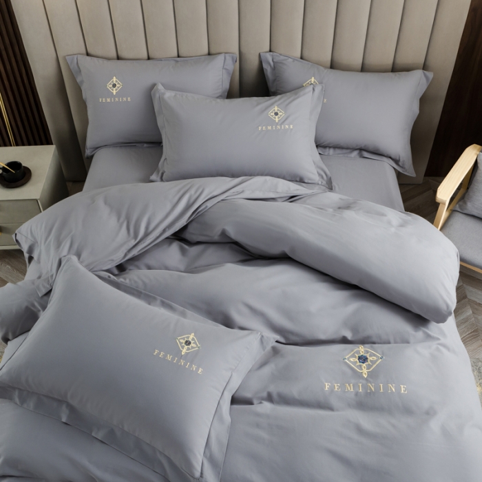 91家纺网 家纺一手货源 找家纺 优姿 2022新款100S长绒棉宽边绣花四件套爱之永恒-灰色