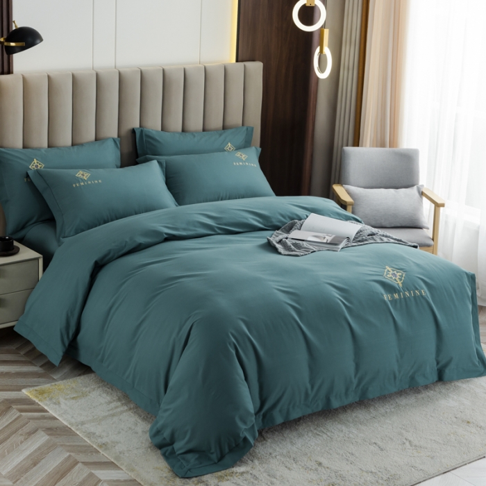 91家纺网 家纺一手货源 找家纺 优姿 2022新款100S长绒棉宽边绣花四件套爱之永恒孔雀蓝