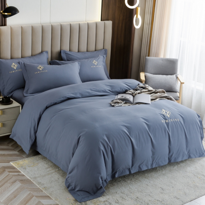 91家纺网 家纺一手货源 找家纺 优姿 2022新款100S长绒棉宽边绣花四件套爱之永恒-蓝灰