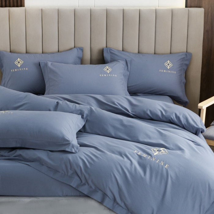 91家纺网 家纺一手货源 找家纺 优姿 2022新款100S长绒棉宽边绣花四件套爱之永恒-蓝灰