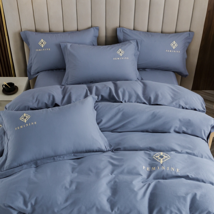 91家纺网 家纺一手货源 找家纺 优姿 2022新款100S长绒棉宽边绣花四件套爱之永恒-蓝灰