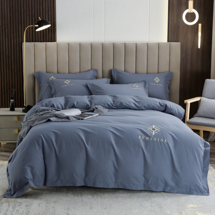 91家纺网 家纺一手货源 找家纺 优姿 2022新款100S长绒棉宽边绣花四件套爱之永恒-蓝灰