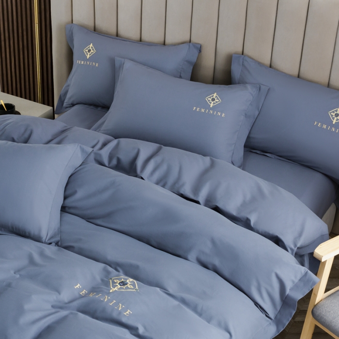 91家纺网 家纺一手货源 找家纺 优姿 2022新款100S长绒棉宽边绣花四件套爱之永恒-蓝灰
