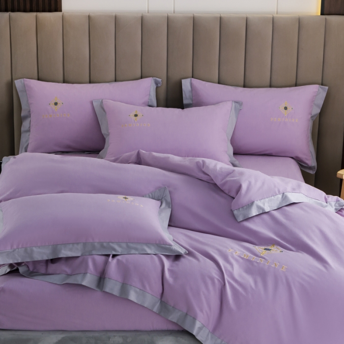 91家纺网 家纺一手货源 找家纺 优姿 2022新款100S长绒棉宽边绣花四件套爱之永恒-紫色