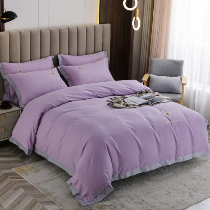 91家纺网 家纺一手货源 找家纺 优姿 2022新款100S长绒棉宽边绣花四件套爱之永恒-紫色