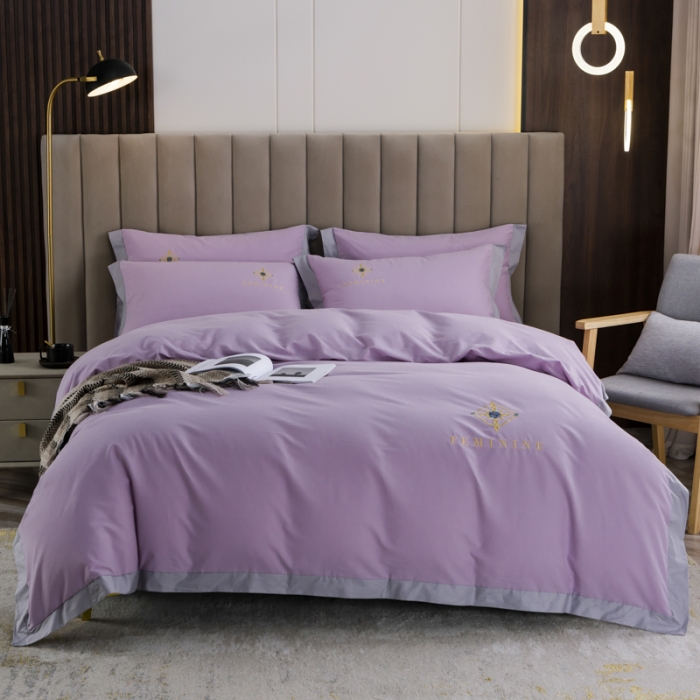 91家纺网 家纺一手货源 找家纺 优姿 2022新款100S长绒棉宽边绣花四件套爱之永恒-紫色