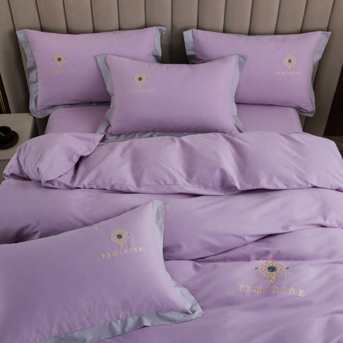 91家纺网 家纺一手货源 找家纺 优姿 2022新款100S长绒棉宽边绣花四件套爱之永恒-紫色