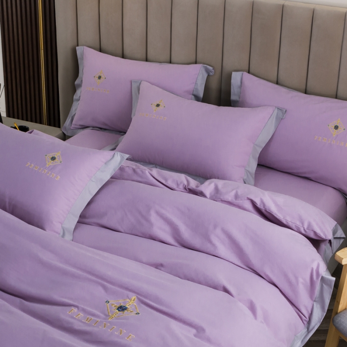 91家纺网 家纺一手货源 找家纺 优姿 2022新款100S长绒棉宽边绣花四件套爱之永恒-紫色