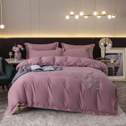 优姿家纺2022新款100S长绒棉宽边绣花四件套蝶恋花-豆沙