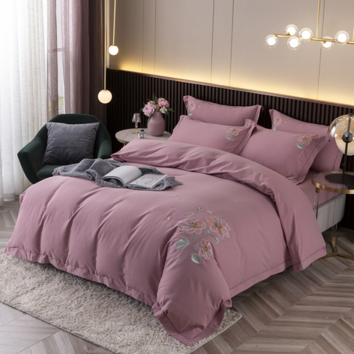 91家纺网 家纺一手货源 找家纺 优姿家纺2022新款100S长绒棉宽边绣花四件套蝶恋花-豆沙