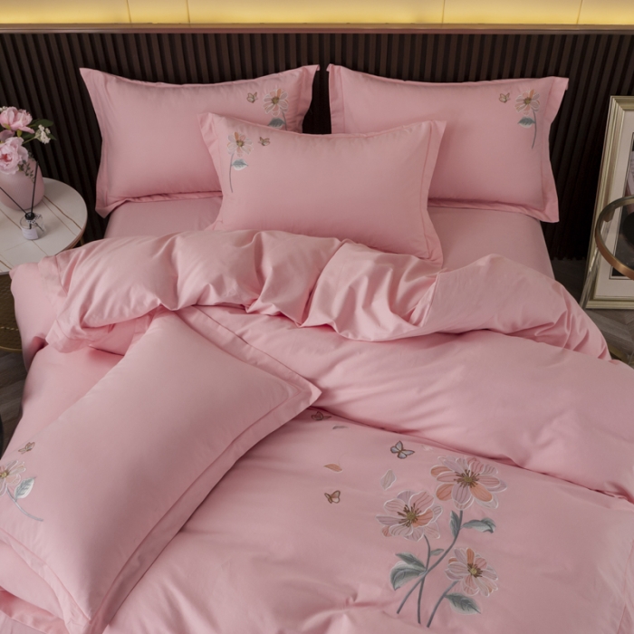 91家纺网 家纺一手货源 找家纺 优姿家纺2022新款100S长绒棉宽边绣花四件套蝶恋花-粉色