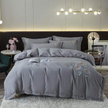 优姿2022新款100S长绒棉宽边绣花四件套 蝶恋花-灰色