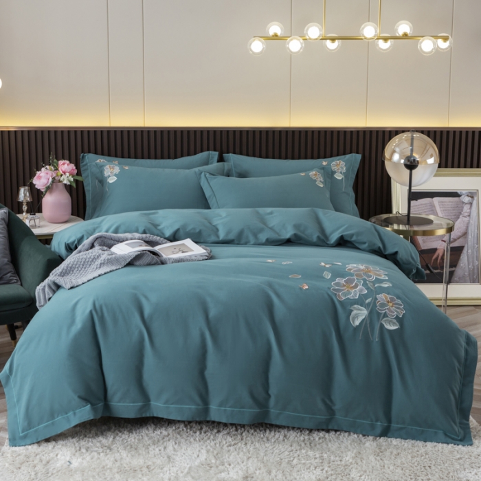 91家纺网 家纺一手货源 找家纺 优姿2022新款100S长绒棉宽边绣花四件套 蝶恋花-孔雀蓝