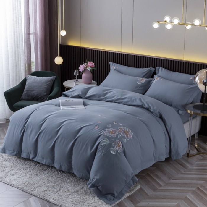 91家纺网 家纺一手货源 找家纺 优姿 2022新款100S长绒棉宽边绣花四件套 蝶恋花-蓝灰