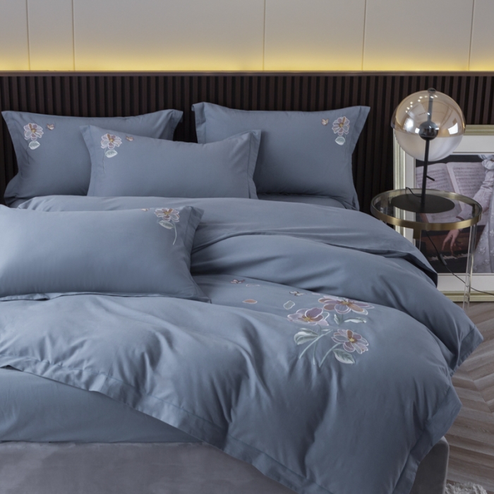 91家纺网 家纺一手货源 找家纺 优姿 2022新款100S长绒棉宽边绣花四件套 蝶恋花-蓝灰