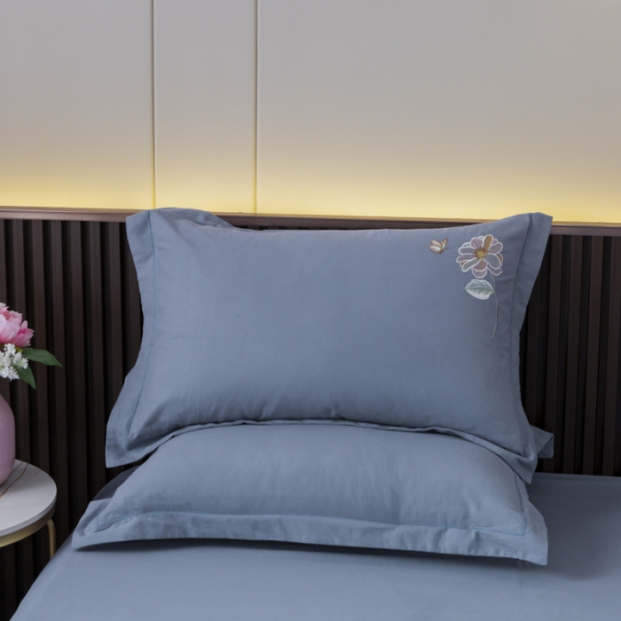 91家纺网 家纺一手货源 找家纺 优姿 2022新款100S长绒棉宽边绣花四件套 蝶恋花-蓝灰