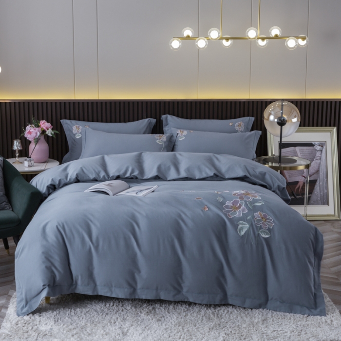 91家纺网 家纺一手货源 找家纺 优姿 2022新款100S长绒棉宽边绣花四件套 蝶恋花-蓝灰