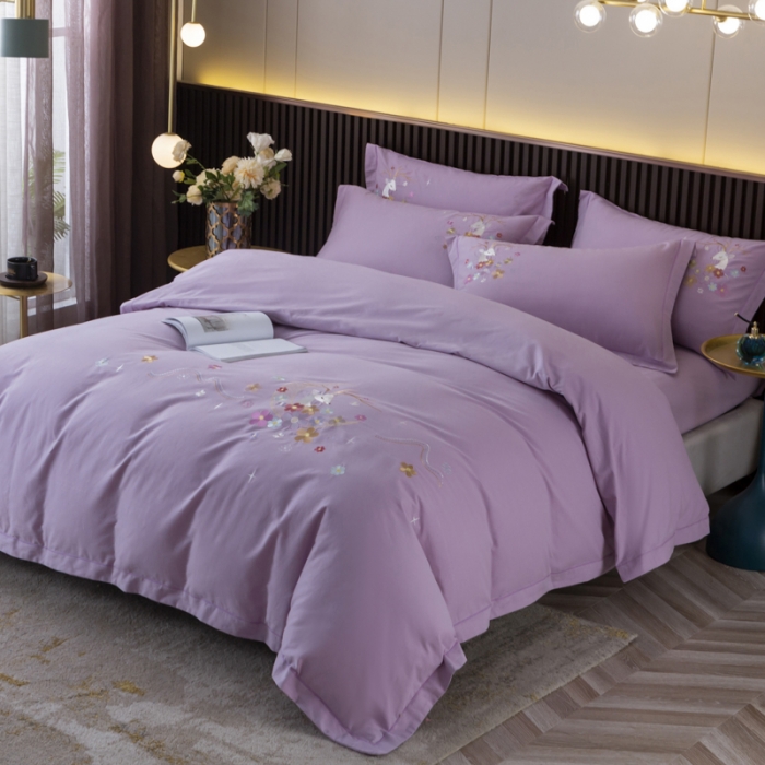 91家纺网 家纺一手货源 找家纺 优姿 2022新款100S长绒棉宽边绣花四件套 蝶恋花-紫色