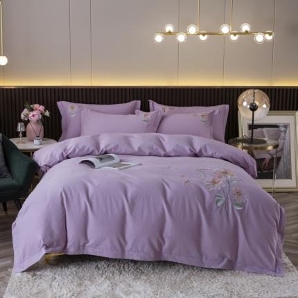 优姿 2022新款100S长绒棉宽边绣花四件套 蝶恋花-紫色