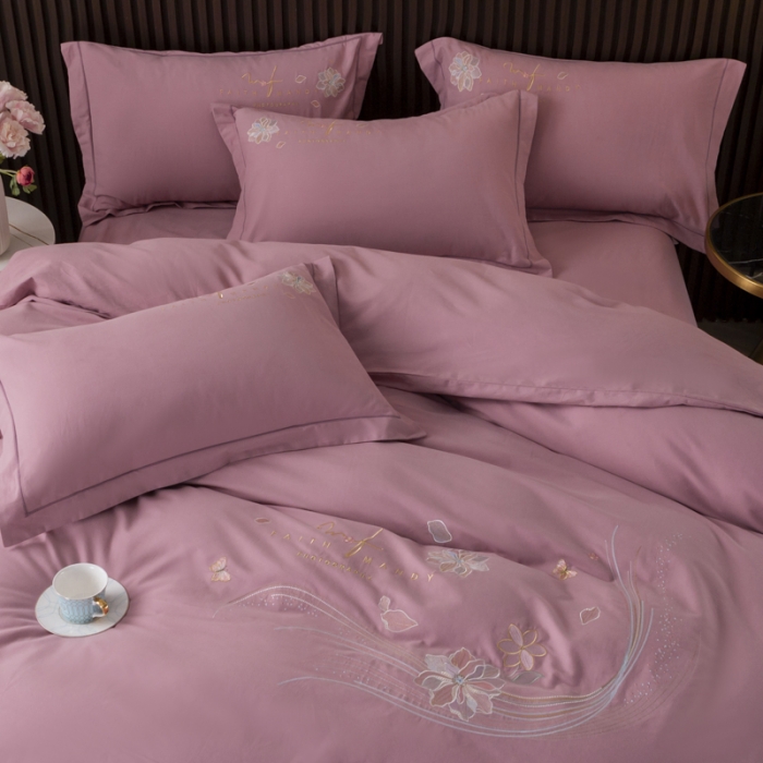 91家纺网 家纺一手货源 找家纺 优姿 2022新款100S长绒棉宽边绣花四件套似锦年华-豆沙