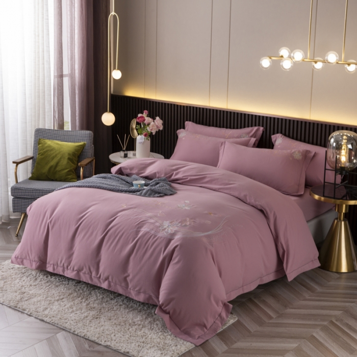 91家纺网 家纺一手货源 找家纺 优姿 2022新款100S长绒棉宽边绣花四件套似锦年华-豆沙