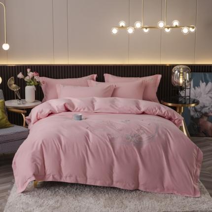 优姿 2022新款100S长绒棉宽边绣花四件套似锦年华-粉色