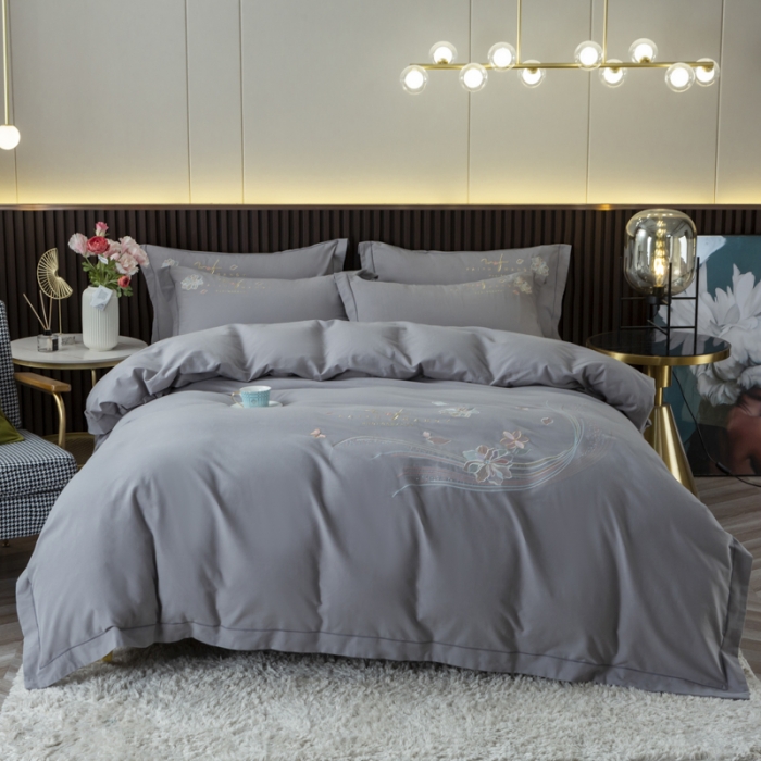91家纺网 家纺一手货源 找家纺 优姿 2022新款100S长绒棉宽边绣花四件套似锦年华-灰色