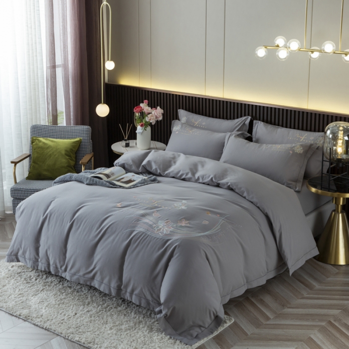 91家纺网 家纺一手货源 找家纺 优姿 2022新款100S长绒棉宽边绣花四件套似锦年华-灰色