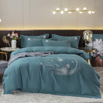 优姿2022新款100S长绒棉宽边绣花四件套似锦年华-孔雀蓝