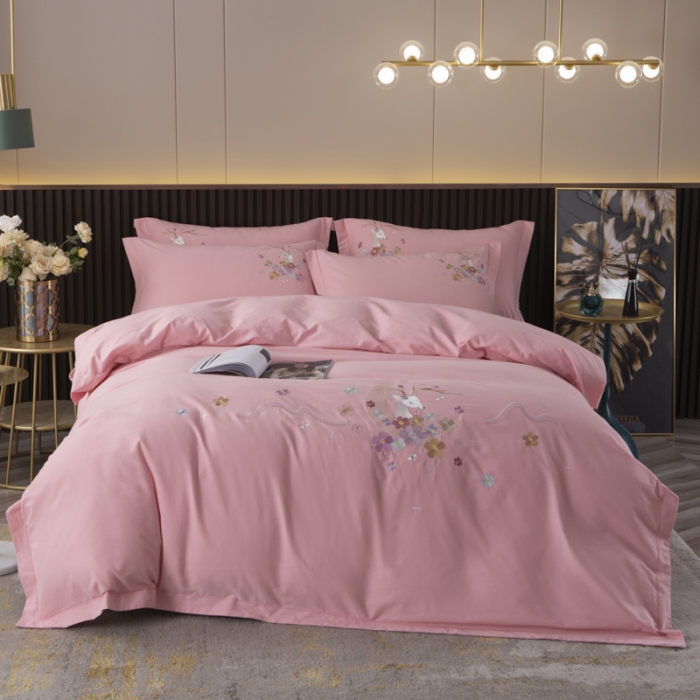 91家纺网 家纺一手货源 找家纺 优姿 2022新款100S长绒棉宽边绣花四件套一路有你-粉色