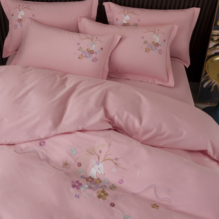 91家纺网 家纺一手货源 找家纺 优姿 2022新款100S长绒棉宽边绣花四件套一路有你-粉色