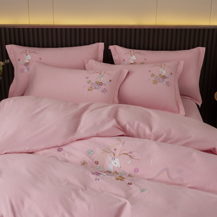 91家纺网 家纺一手货源 找家纺 优姿 2022新款100S长绒棉宽边绣花四件套一路有你-粉色
