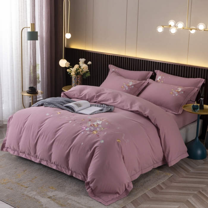 91家纺网 家纺一手货源 找家纺 优姿2022新款100S长绒棉宽边绣花四件套 一路有你-豆沙