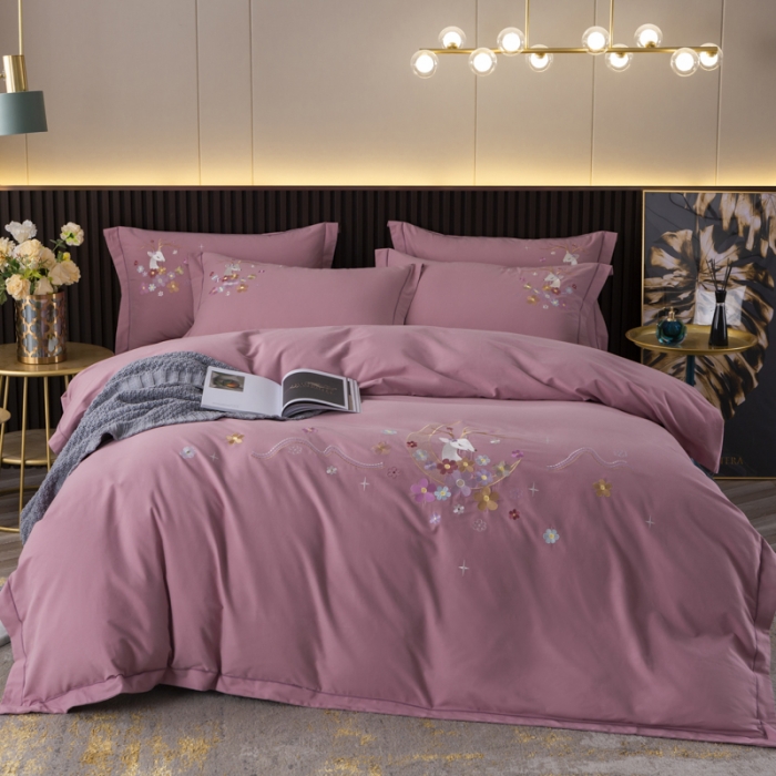 91家纺网 家纺一手货源 找家纺 优姿2022新款100S长绒棉宽边绣花四件套 一路有你-豆沙