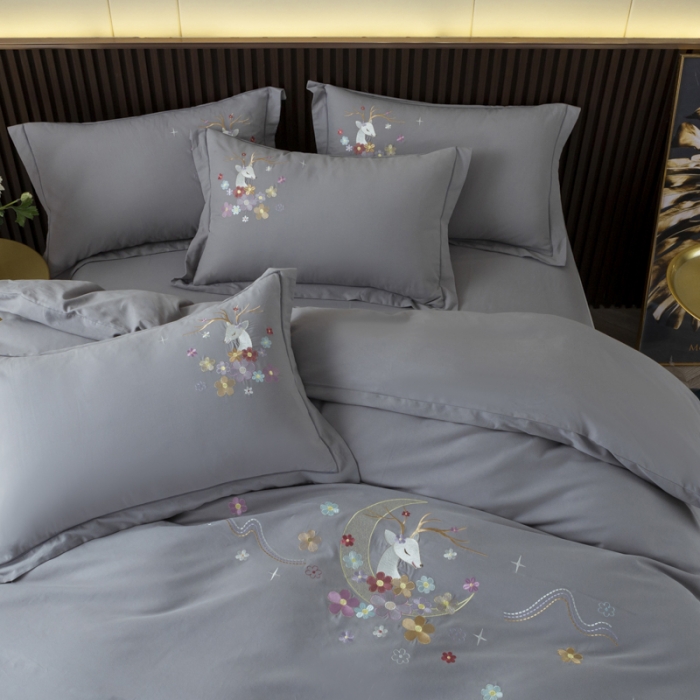 91家纺网 家纺一手货源 找家纺 优姿2022新款100S长绒棉宽边绣花四件套 一路有你-灰色