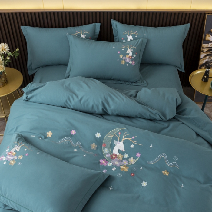 91家纺网 家纺一手货源 找家纺 优姿2022新款100S长绒棉宽边绣花四件套一路有你-孔雀蓝
