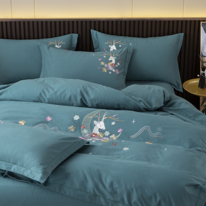 91家纺网 家纺一手货源 找家纺 优姿2022新款100S长绒棉宽边绣花四件套一路有你-孔雀蓝